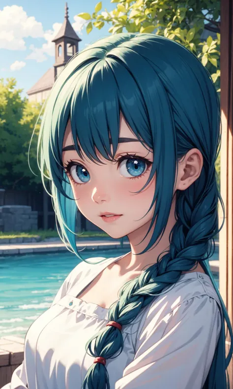 amelia, masterpiece, best quality, 1girl, solo, braid, aqua hair, blue eyes