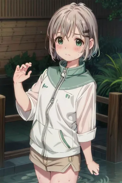 (masterpiece, best quality:1.1), intricate details, ( blush , sweating , wet: 1.0) , ( skin tight:1.2) , hipbone , hands up pose, leg up pose,
blush, short_hair, green_eyes, hair_ornament, hairclip, grey_hair, brown_hair