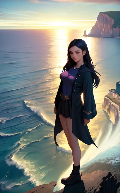 (clothed, masterpiece,wide angle, cinematic establishing shot,young adult european woman, highly detailed background:1.2), volumetric lighting, subsurface scattering, dynamic pose, (special effects, color grading, fantasy aura), (Seaside Mystic:1.4), (Small Perky Breasts:0.81), Coastal cliffs, tidal pools, oceanic runes, marine mysticism