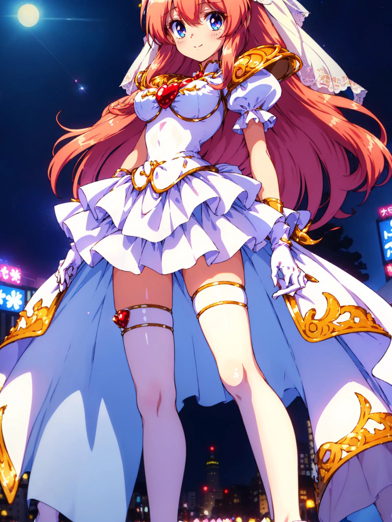 (8k, RAW photo, best quality, masterpiece, pixiv: 1.2),
(1milf, princess, awe, brainwashed, blush, dark smile, standing: 1.2),
breast, thigh, heart-shaped pupils,
(blonde hair, shiny hair, hair between eyes, blunt bangs: 1.2),
(princess wedding dress, long skirt, puff sleeve, white long gloves, big ribbon, tiala, white thigh high thights, pumps, jewely: 1.2), ((metalic satin)),
midtown, night, shibuya, shinjuku, tokyo, japan, <lora:Yuri_Tanima-10:0.5> <lora:Momoko_Hanasaki_WeddingPeach-KK77-V3:0.5>