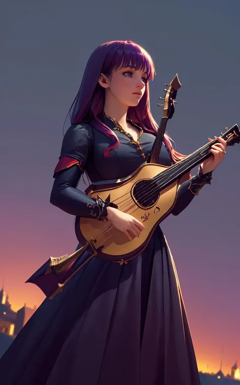 (clothed, masterpiece,wide angle, cinematic establishing shot,young adult european woman, highly detailed background:1.2), volumetric lighting, subsurface scattering, dynamic pose, (special effects, color grading, fantasy aura), (Twilight Bard:1.4), (, Large Covered Breasts:0.81), Moonlit stage, bardic lute, lyrical magic, night songs
