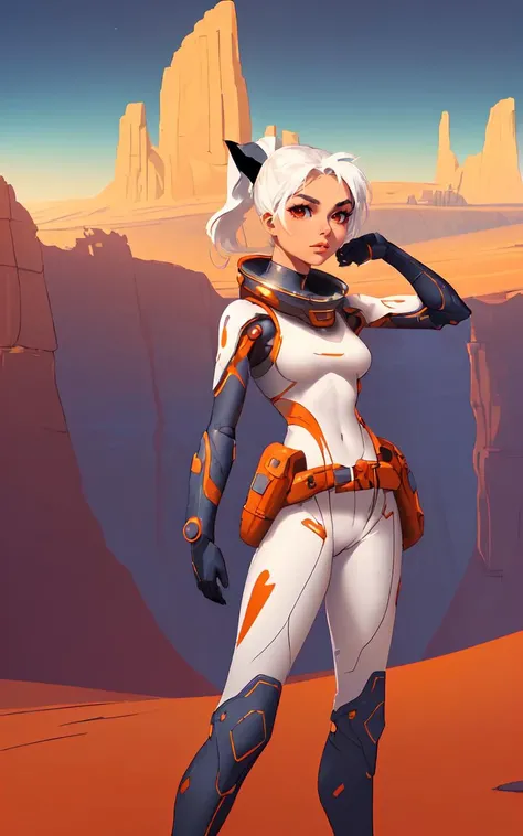 (wide shot standing in front of Ancient Alien Ruins:1.3),full body wide angle cinematic shot, (in front of entrance to ancient ruin),surreal purple sky, (standing woman looking at glowing Alien Artefact:1.3), (pale, 24 years old, large covered breasts, skinny waist, young european woman, futuristic fashionista:1.5), (Oval-shaped face, luminous complexion, aqua+ almond-shaped eyes, thin brows, small upturned nose, bow-shaped lips:1.2), (white hair in ponytail:1.3), (style of Frank Frazetta),interplanetary explorer, (vast alien desert landscape),swirling red-orange sands,two suns setting in the sky, ((futuristic explorer outfit)),lightweight yet durable,heat-resistant material,sharp angular design, (vibrant shades of silver and blue),a variety of high-tech gadgets attached to the belt,rugged boots, (dynamic pose bracing against a gust of sand),mysterious alien ruins visible in the far distance,a sense of awe and determination