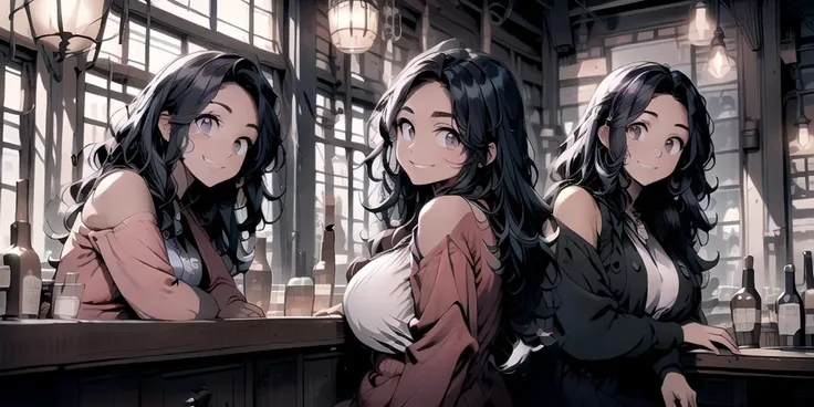 (masterpiece:1.4), high quality, high definition, sharp focus, detailed clothes, detailed body, detailed face, anime, best quality, 4k, 8k, absurd resolution, intricate detail, detailed hands, (detailed eyes:1.3), animation, illustration, highly detailed, highres, extremely detailed, <lora:hyperdenoiser_v090:0.6>, seductive smile, <lora:perfetfingers:1>, (large breasts), (parted bangs:1.4), skindentation, <lora:hyperrefiner_v090:0.6>, <lora:add_detail:0.3>, <lora:ETO_OC:0.2> ETO-OC, <lora:ETO_OCC006:0.7>, ETO_OCC, (curly hair:1.3), (long hair:1.1), black hair, thick eyebrows, pale skin, curvy, (plump:1.2), fat, 1girl, (hazel eyes:1.3), smiling, looking at viewer, mature female, <lora:绪å¿-å¼ä¸çé
é¦ tavern scenes8:1>, (tavern scenes:1.6), tavern, bar, wine bottle, glasses, people, tables,