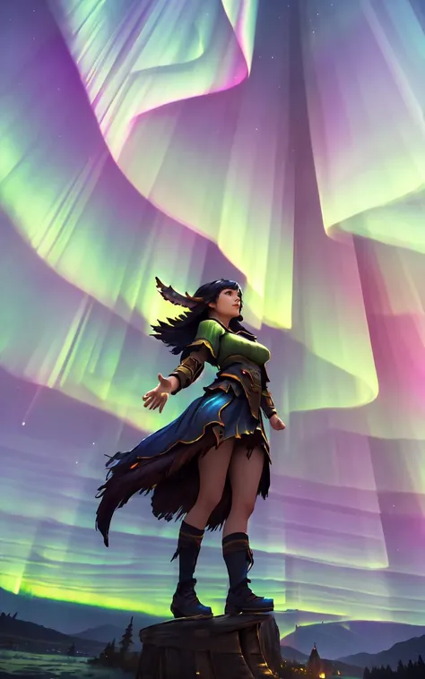 (clothed, masterpiece,wide angle, cinematic establishing shot,young adult european woman, highly detailed background:1.2), volumetric lighting, subsurface scattering, dynamic pose, (special effects, color grading, fantasy aura), (Aurora Shaman:1.4), (Medium Covered Breasts:0.81), Northern lights, shamanic drums, spirit animals, ethereal dance