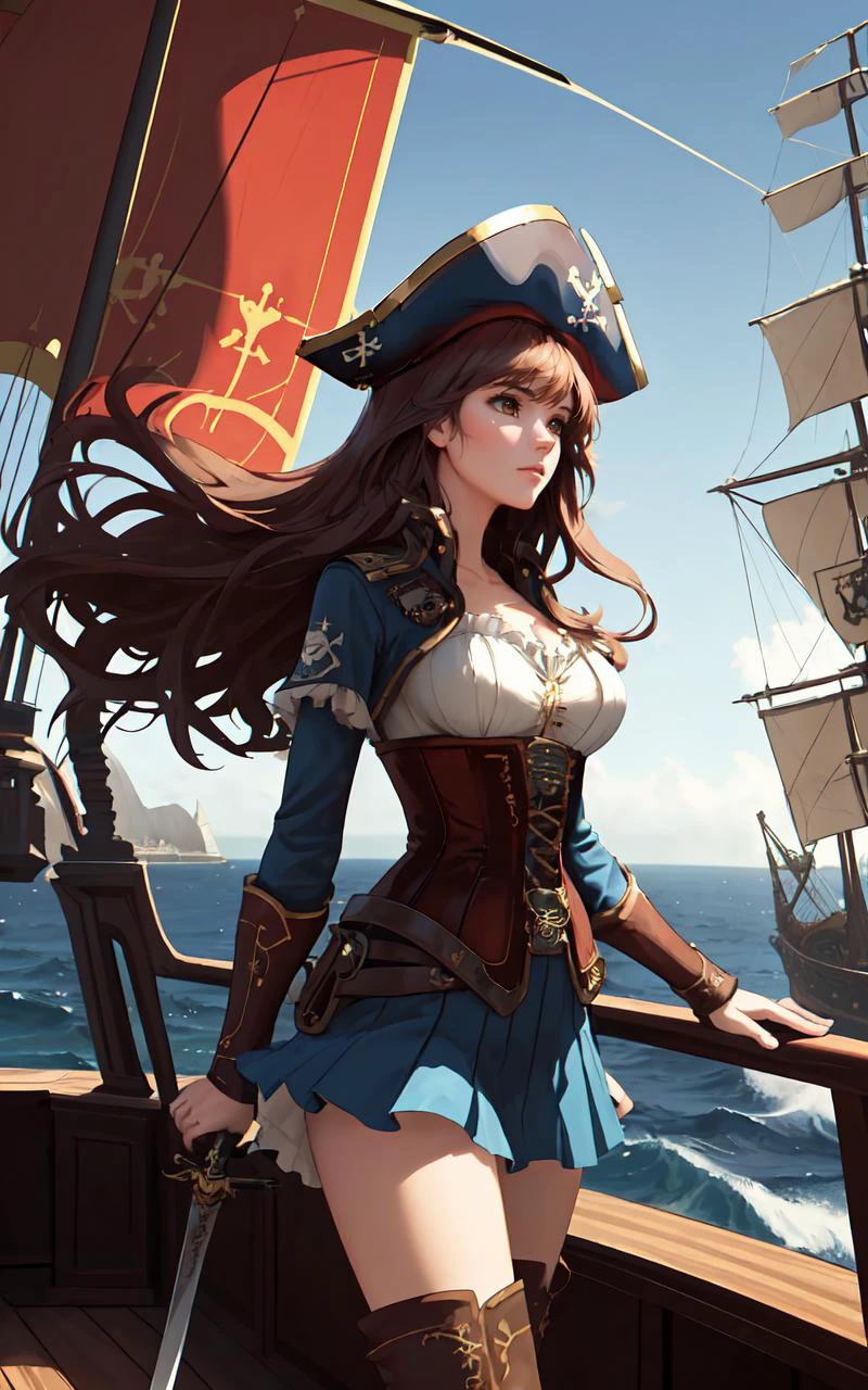 (style of John William Waterhouse),style of David LaChapelle,style of Candida Höfer, adult woman captain,large covered breasts, (enchanting fantasy world),dramatic ocean backdrop, ((striking pirate outfit)), (bold and adventurous design),intricate corset with elaborate patterns,billowing high-low skirt,knee-high leather boots,wide-brimmed hat adorned with feathers,long flowing hair,sword at her side,standing confidently on the deck of a fantastical ship,mystical creatures in the distant sky