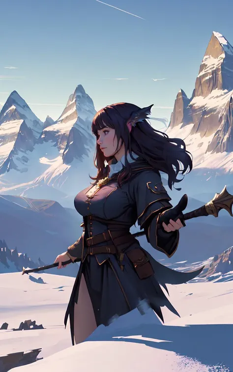 (clothed, masterpiece,wide angle, cinematic establishing shot,young adult european woman, highly detailed background:1.2), volumetric lighting, subsurface scattering, dynamic pose, (special effects, color grading, fantasy aura), (Mountain Witch:1.4), (, Large Covered Breasts:0.81), Snow-capped peaks, windswept hair, rune-inscribed staff, mystical raven