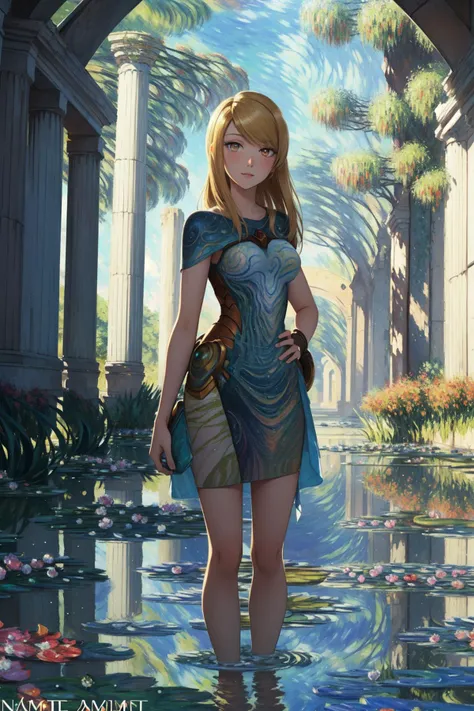 1girl, Water color painting, Impasto, (Samus Aran:1.2) , very Flirty, Standing with hand on hip, Crazy Eyes, Glowing Brown Eyes, background, (by Claude Monet:1.2) , Detailed illustration, Dark, Side lighting, Depth of field 100mm, "Whispers of forgotten tales echo through ancient ruins, whispers of lives lived and civilizations lost."