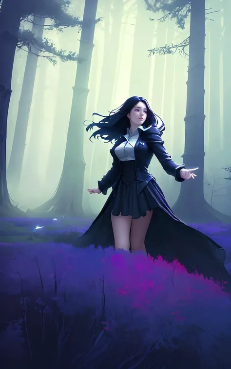 (clothed, masterpiece,wide angle, cinematic establishing shot,young adult european woman, highly detailed background:1.2), volumetric lighting, subsurface scattering, dynamic pose, (special effects, color grading, fantasy aura), (Ethereal Wraith:1.4), Floating in a haunted forest, misty background, ghostly transparency