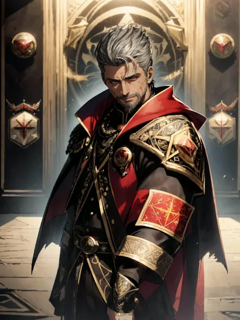 ((extremely detailed 8k illustration)), highres, (extremely detailed and beautiful background), ultra detailed painting, professional illustrasion, Ultra-precise depiction, Ultra-detailed depiction, (beautiful and aesthetic:1.2), HDR, (depth of field:1.4), beautiful detailed, (intricate:1.2), nice hands, perfect hands, zentangle,
(A weathered veteran male), (gray-haired in appearance), (rugged face), ((eyes are sharp but kind)), ((Short hair)) with a (mixture of gray hair). ((hair is carefully arranged in an all-back)), (wears a pomade), (well built), ((smart and yet strong)), (Dark eyes), neatly trimmed goatee, (handsome), intelligent and brave, thinking,
((Thick crimson cloak:1.2)) and ((black armor)), (Gold shoulder pads) with ((emblems:1.4)), (combat uniform:1.2),
The magic academy features ancient architectural designs, housing libraries with ancient tomes and walls adorned with magical symbols. The air resonates with mystical energy as students delve into ancient arcane arts., (((commander room))), (((realistic))), ((full body)),
