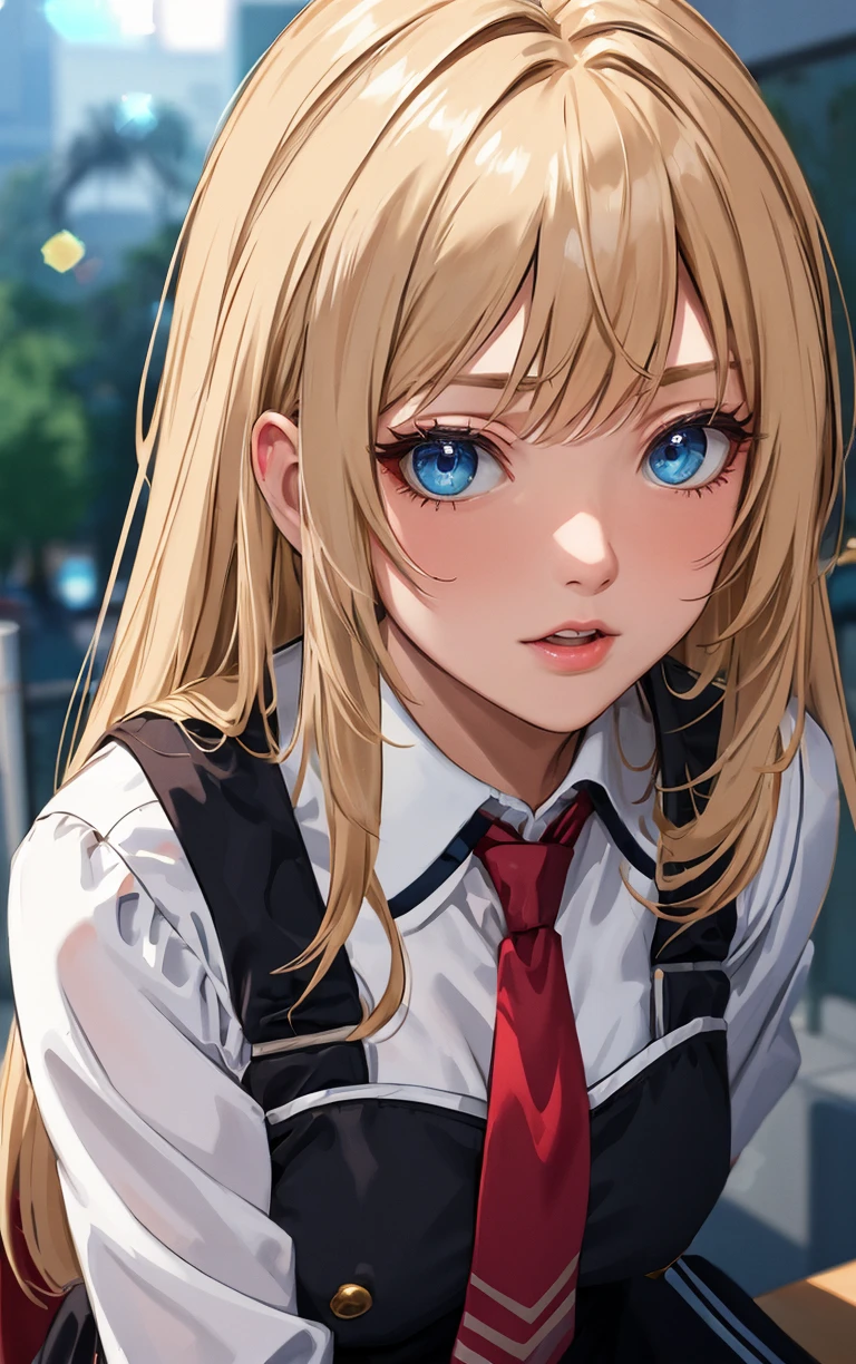 ((masterpiece, best quality)), insaneres, absurdres, solo, outdoors,
CLOTHING_BibleBlack_SchoolDress_ownwaifu,
1girl, blonde hair, long hair, blue eyes,
black vest, red skirt, white shirt, collared shirt, suspenders, school uniform, black thighhighs, zettai ryouiki, necktie, long sleeves, pleated skirt, red necktie,
(portrait, close-up)<lora:CLOTHING_BibleBlack_SchoolDress_ownwaifu:0.8>,
lens flare, depth of field, bokeh, embers, vanishing point, looking at viewer,