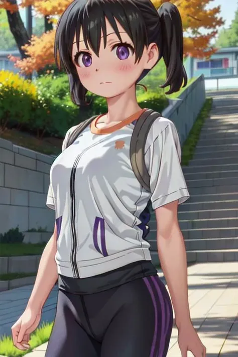 (masterpiece, best quality:1.1), intricate details,  Yoga pants, 
kuraue_hinata_encouragementofclimb, 
black_hair, blush, purple_eyes, twintails, bangs, closed_mouth, outdoors, hair_between_eyes