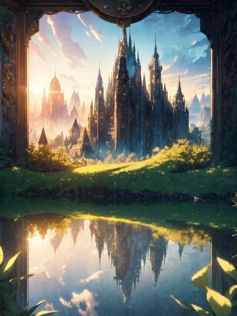 (((fantasy:1.3))), ((extremely detailed 8k illustration)), highres, (extremely detailed and beautiful background), ultra detailed painting, professional illustrasion, Ultra-precise depiction, Ultra-detailed depiction, (beautiful and aesthetic:1.2), HDR, (depth of field:1.4), beautiful detailed, (intricate:1.2),
the morning sun rises over the waterside city, creating a beautiful reflection on the water. the illustration should focus on the beauty of the landscape and the peaceful atmosphere.,