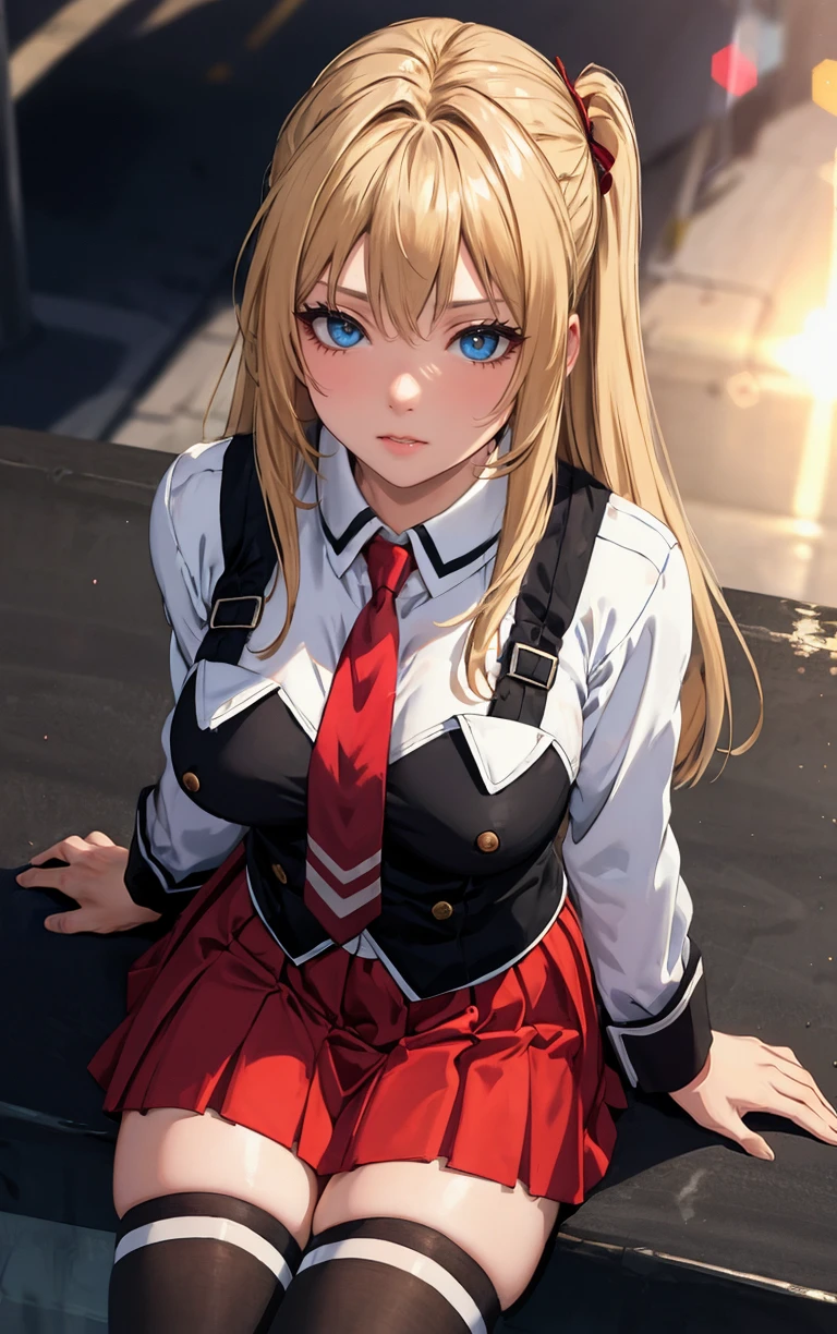 ((masterpiece, best quality)), insaneres, absurdres, solo, outdoors,
CLOTHING_BibleBlack_SchoolDress_ownwaifu,
1girl, blonde hair, long hair, blue eyes,
black vest, red skirt, white shirt, collared shirt, suspenders, school uniform, black thighhighs, zettai ryouiki, necktie, long sleeves, pleated skirt, red necktie,
(from above, sitting)<lora:CLOTHING_BibleBlack_SchoolDress_ownwaifu:0.9>,
lens flare, depth of field, bokeh, embers, vanishing point, looking at viewer,