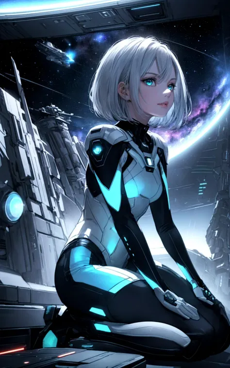 best quality, masterpiece, portrait of a dangerous goddess,  (beautiful busty skinny british woman sitting in spaceship cockpit looking over shoulder at viewer:1.2), (cute face, over the shoulder:1.1), (movie still:1.1), side view, (spaceship cockpit:1.1), glowing holographic instruments, (beautiful face:1.11), from behind, smart fabric flightsuit:1.1, lightweight structured jacket with sharp geometric lines, utility belt, kneehigh boots, fingerless gloves, (large spaceship cockpit with highly polished flooring and stellar view), backlit hair, perfect face, feminine physique, (pale freckles:0.6), (black and silver accents), perfect eyes, low key, joystick++, thin pouting lips, (white++ bob hair, ombre tips:1.2), wide set soft+ turquoise++ eyes, skin pores, (small retrousse nose:1.2), (pale skin), supernova, dramatic angle, eyelid shimmer makeup, silver eyeshadow, iridescent cheekbones, muted rose lips, deep space blue, (available light:0.7), BREAK, starlight silver, nebula pink, black hole black, planetary rings, asteroid clusters, geometric shapes, angular contours, Holographic control panels, chiaroscuro effects, reflective surfaces, starfilled skies, distant galaxies, shimmering surfaces, iridescent scifi materials, clean lines, modernistic details