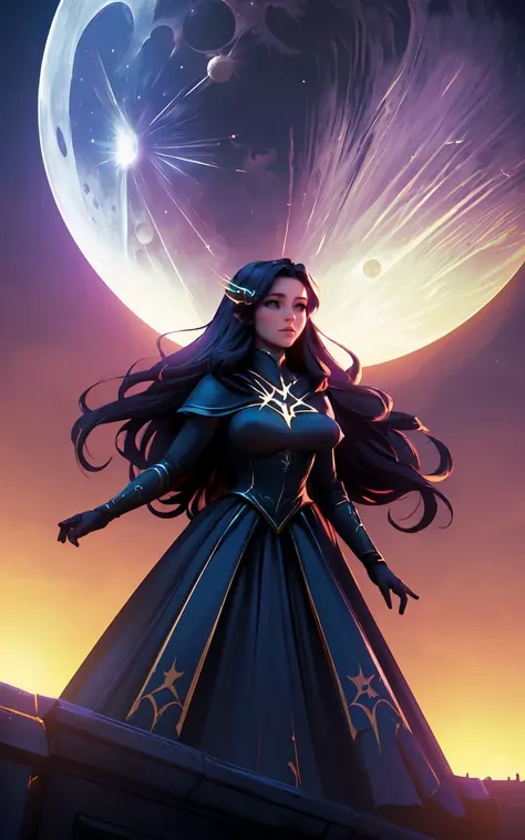 (clothed, masterpiece,wide angle, cinematic establishing shot,young adult european woman, highly detailed background:1.2), volumetric lighting, subsurface scattering, dynamic pose, (special effects, color grading, fantasy aura), (Moonlit Enchantress:1.4), (Medium Covered Breasts:0.81), Moonlight, glimmering cape, ancient runes, mystical aura