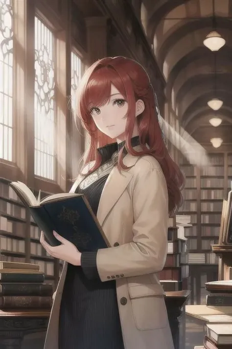 A sophisticated woman in a vintage bookstore, engrossed in an ancient, leather-bound tome, with dusty rays of light streaming through antique windows
masterpiece, best quality, intricate, realistic, photorealistic, red hair,
<lora:racial-chang-slider:-0.2> <lora:skin_slider_v1:1> <lora:hair_length_slider_v1:-2.5>