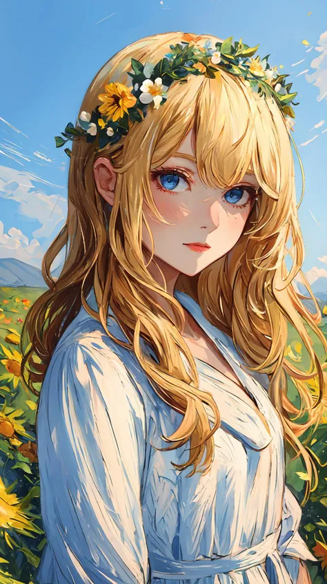 masterpiece, high quality,
outdoors, scenery, flower, 1girl, blonde hair, flower wreath, portrait, cowboy shot, looking at viewer, white dress, blue eyes, wavy hair, long hair,
<lora:tbh123-:0.8>