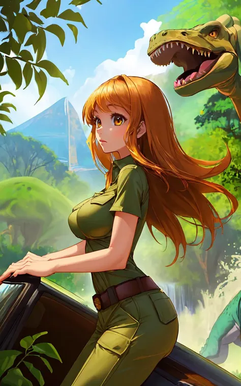 (1girl,perfect covered medium breasts gorgeous young woman Enjoying a Dinosaur Safari Adventure:1.3), thrilling safari through a lush, prehistoric jungle, observing majestic dinosaurs in their natural habitat, with towering waterfalls and ancient, towering trees.