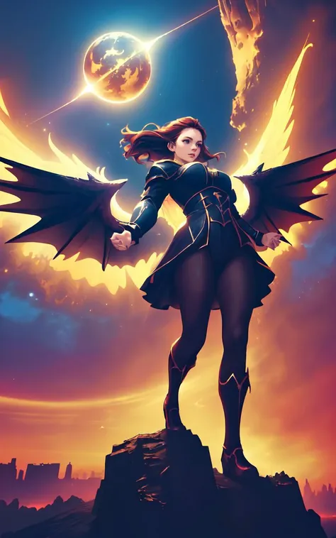(clothed, masterpiece,wide angle, cinematic establishing shot,young adult european woman, highly detailed background:1.2), volumetric lighting, subsurface scattering, dynamic pose, (special effects, color grading, fantasy aura), (Celestial Harbinger:1.4), (Medium Covered Breasts:0.81), Comet tail, celestial event, prophetic signs, cosmic alignment