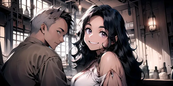 (masterpiece:1.4), high quality, high definition, sharp focus, detailed clothes, detailed body, detailed face, anime, best quality, 4k, 8k, absurd resolution, intricate detail, detailed hands, (detailed eyes:1.3), animation, illustration, highly detailed, highres, extremely detailed, <lora:hyperdenoiser_v090:0.6>, seductive smile, <lora:perfetfingers:1>, (large breasts), (parted bangs:1.4), skindentation, <lora:hyperrefiner_v090:0.6>, <lora:add_detail:0.3>, <lora:ETO_OC:0.2> ETO-OC, <lora:ETO_OCC006:0.7>, ETO_OCC, (curly hair:1.3), (long hair:1.1), black hair, thick eyebrows, pale skin, curvy, (plump:1.2), fat, 1girl, (hazel eyes:1.3), smiling, looking at viewer, mature female, <lora:绪å¿-å¼ä¸çé
é¦ tavern scenes8:1>, (tavern scenes:1.6)