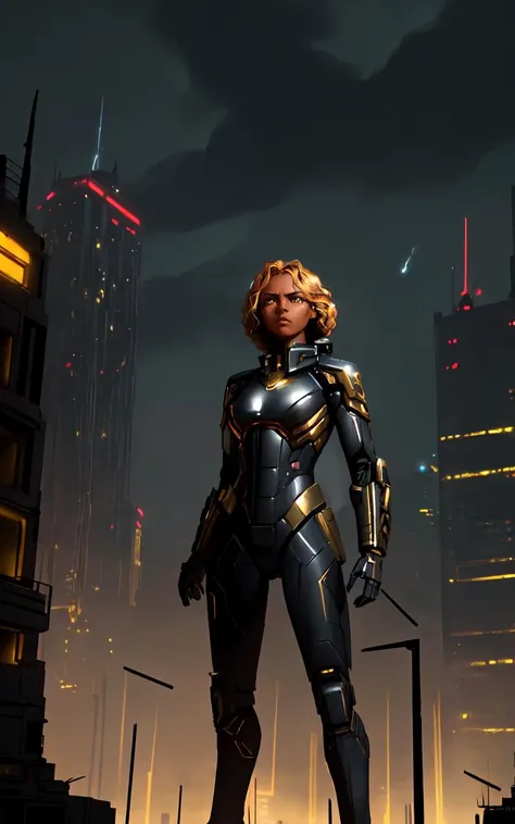 (style of Annie Leibovitz), (intense dramatic lighting), ((dark-skinned woman in sci-fi military-style uniform standing in front of mechatank)),sharp angles,embellished with intricate gold braiding and medals,commanding posture, (dystopian cityscape in the background),ominous clouds,deep shadows,sense of urgency and power