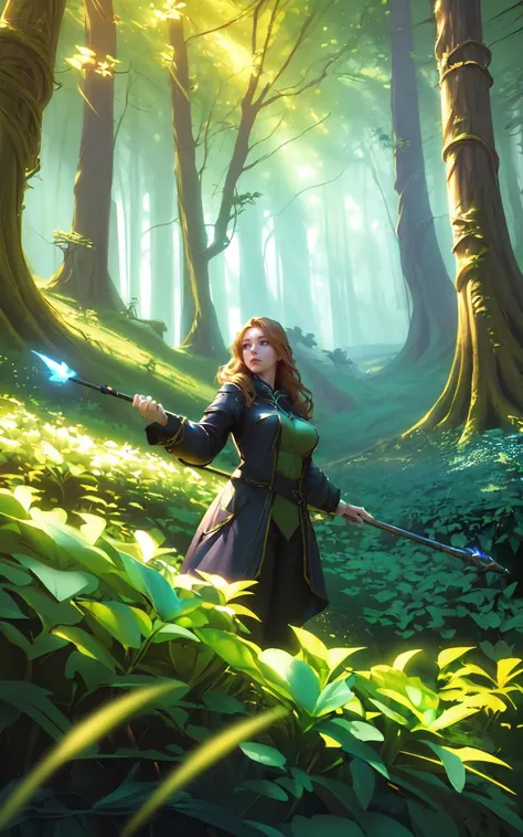 (clothed, masterpiece,wide angle, cinematic establishing shot,young adult european woman, highly detailed background:1.2), volumetric lighting, subsurface scattering, dynamic pose, (special effects, color grading, fantasy aura), (Grove Keeper:1.4), (Medium Covered Breasts:0.81), Hidden grove, mystical flora, guardian staff, nature spirits