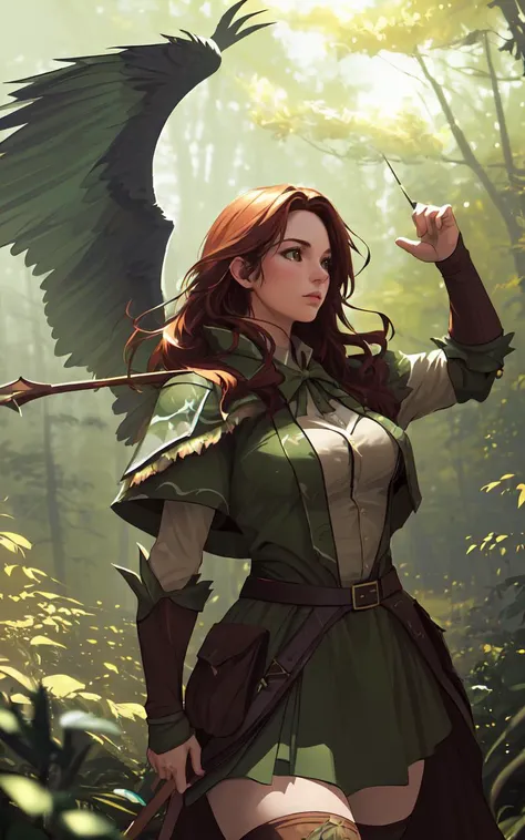 (clothed, masterpiece,wide angle, cinematic establishing shot,young adult european woman, highly detailed background:1.2), volumetric lighting, subsurface scattering, dynamic pose, (special effects, color grading, fantasy aura), (Wildwood Ranger:1.4), (, Large Covered Breasts:0.81), Dense forest, archer's bow, camouflaged cloak, wildlife companions