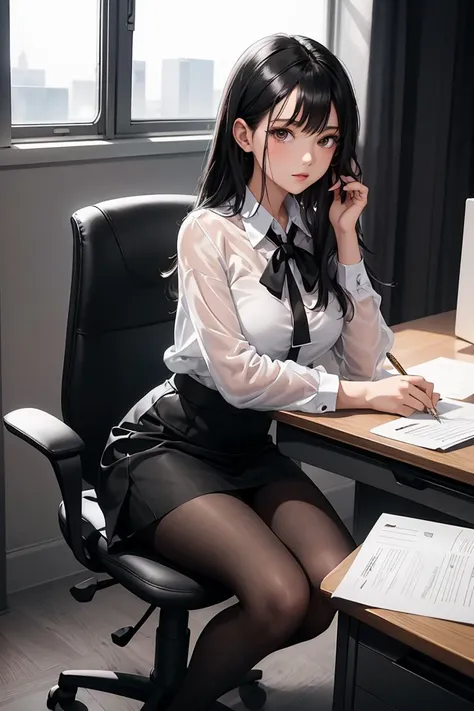 (masterpiece, best quality), a young black haired girl office secretary dressed in a transparent white blouse and black office skirt and black pantyhose ,sitting in an office chair, holding pencil, (detailed skin:1.3),(detailed eyes), (sharp focus),