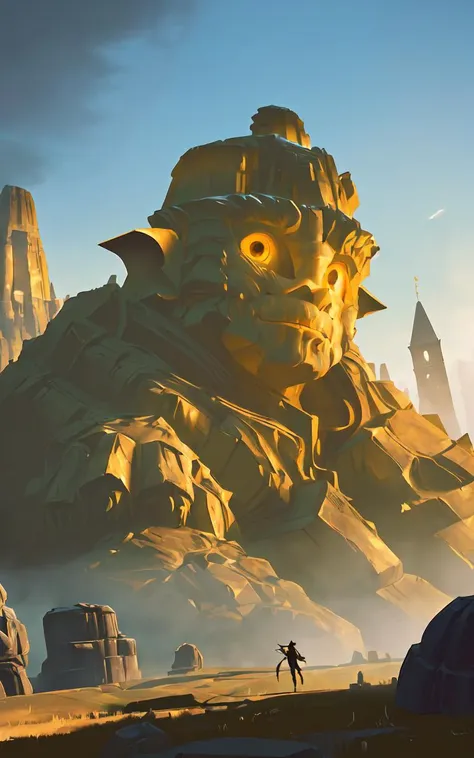 (clothed, masterpiece,wide angle, cinematic establishing shot,young adult european woman, highly detailed background:1.2), volumetric lighting, subsurface scattering, dynamic pose, (special effects, color grading, fantasy aura), (Stone Golem:1.4), Amidst ancient ruins, rough texture contrast, imposing size
