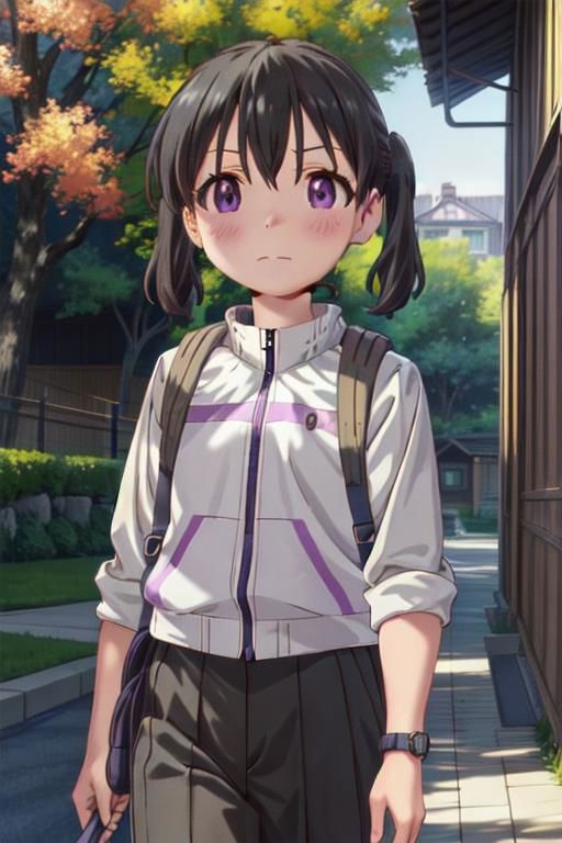 A woman in a white shirt and black pants standing on a sidewalk - SeaArt AI
