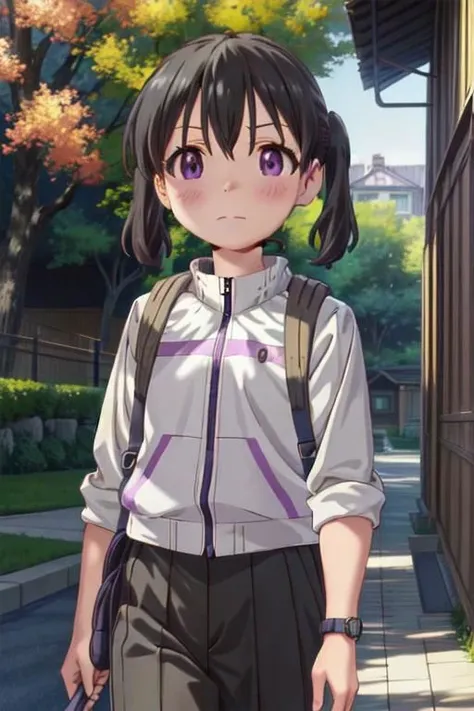 (masterpiece, best quality:1.1), intricate details, 
kuraue_hinata_encouragementofclimb, 
black_hair, blush, purple_eyes, twintails, bangs, closed_mouth, outdoors, hair_between_eyes