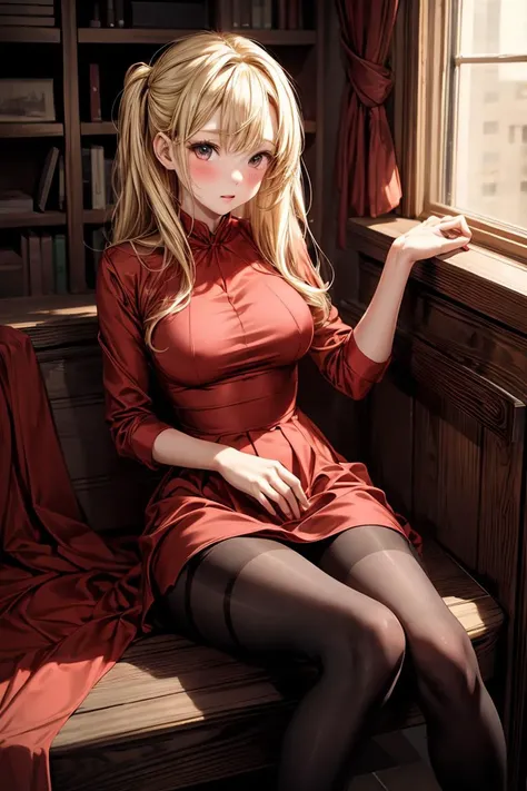 (masterpiece, best quality), 1girl, blonde hair, red dress, pantyhose, cute face, blush, <lora:add_detail:1>
