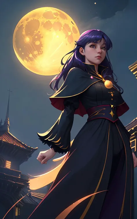 (clothed, masterpiece,wide angle, cinematic establishing shot,young adult european woman, highly detailed background:1.2), volumetric lighting, subsurface scattering, dynamic pose, (special effects, color grading, fantasy aura), (Lunar Seer:1.4), (Small Perky Breasts:0.81), Cratered moon, prophetic scrolls, lunar light, starlit mantle