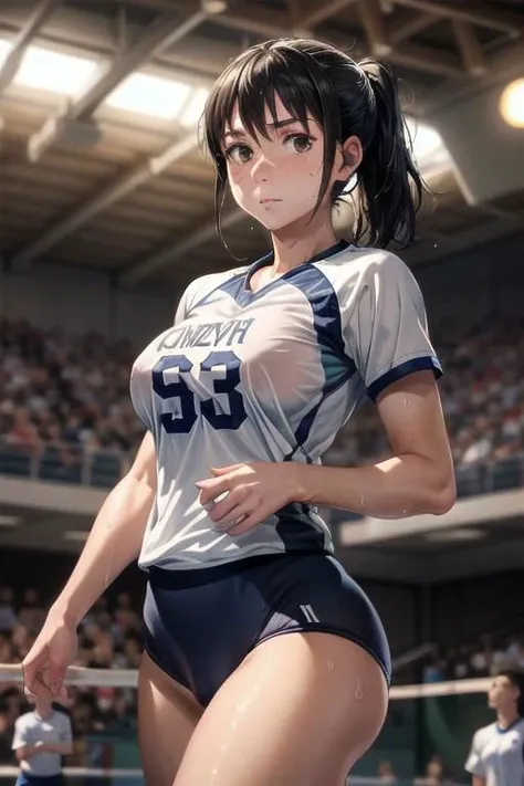 (masterpiece, best quality), intricate details, 
Girl,tits,    volleyball player,  ( blush ,  sweating : 1.0) , wet, volleyball uniform,  in gymnastics stadium, National team Uniform, supporter,  playing volleyball, professional player, ( skin tight) , big breasts, ( nipples: 1.9) , poke out, see through : 1.3) , ( receiving) , sheer, Camel toe, leg supporter,