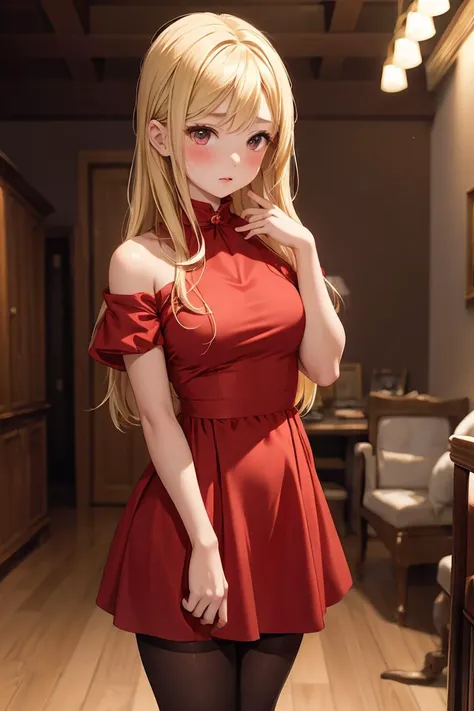 (masterpiece, best quality), 1girl, blonde hair, red dress, pantyhose, cute face, blush,