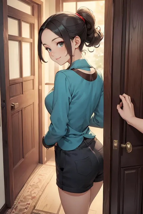 (masterpiece, best quality), female hundred years old, tall, east asian, chestnut eyes, symmetrical cheeks, receding forehead, square face shape, toned back, red carpet makeup , teal pompadour hair, smile wearing shorts, cut-out top, pointed-toe flats, , peeking from behind a door, peering from behind a slightly ajar door, creating an air of secrecy and allure, starry sky, a dark background with twinkling stars, setting a magical and romantic tone, a cheerful school classroom, with students working together and a passionate teacher