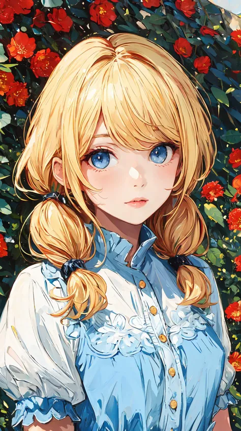 masterpiece, high quality,
outdoors, scenery, flower, 1girl, blonde hair, flower wreath, portrait, upper body, looking at viewer, dress, blue eyes, low twintails,
<lora:tbh123-:0.8>