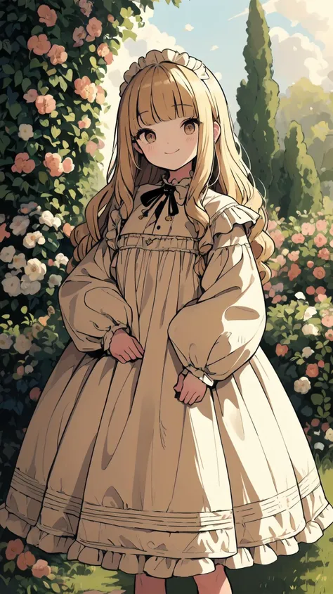 (masterpiece, top quality, best quality, official art, beautiful and aesthetic:1.2), portrait, absurdres, colorful,
blunt bangs, blonde hair, hime cut, dress, garden, closed mouth, light smile, frilled dress,
<lora:mjty:0.6> mjtyhz