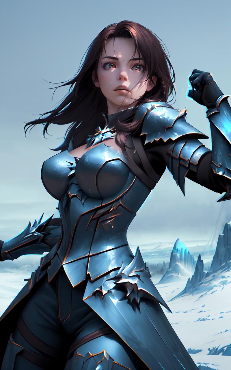 A woman in armor holding a sword in a snowy area - SeaArt AI