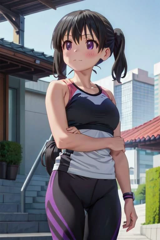 (masterpiece, best quality:1.1), intricate details,  Yoga pants, 
kuraue_hinata_encouragementofclimb, 
black_hair, blush, purple_eyes, twintails, bangs, closed_mouth, outdoors, hair_between_eyes