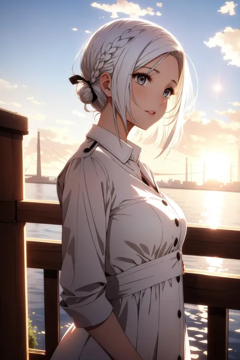 1girl, Psychotic Woman, in Charming [Khakis:Midi dress and pumps:13], White hair styled as Short and slicked back, Feral Steerage Hair Ribbons, Sun in the sky, Bokeh, Romantic, soft lighting, L USM