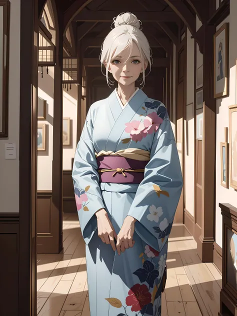 ((game cg:1.6)), (anime), ((extremely detailed 8k illustration)), highres, (extremely detailed and beautiful background), ultra detailed painting, professional illustrasion, Ultra-precise depiction, Ultra-detailed depiction, (beautiful and aesthetic:1.2), HDR, (depth of field:1.4), colorful, vivid, beautiful detailed glow light particles, intricate:1.4, <lora:GoodHands-beta2:1>, (((old woman:3.5))), (kawaii), (grandmother:2.5), (elder:2.8), ((slender:1.4)), ((drooping cheeks:1.3)), (((aged up:2.3, wrinkled skin:3))), ((gentle expression:1.4)), kind nature, white hair, medium hair, hair bun, (bent waist:1.2), 85 years old, <lora:age_slider-LECO-v1:2.3>, smile, kimono, the entrance hall of an art gallery, beautifully capturing the fascination of visitors with the art,