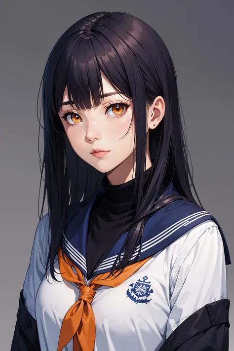 ciloranko, 1girl, arms at sides, backlighting, bangs, black background, black hair, black shirt, blue sailor collar, blue serafuku, blunt bangs, cardigan, closed mouth, dark background, expressionless, jacket, long hair, long sleeves, looking at viewer, medium hair, neckerchief, orange eyes, painterly, sailor collar, school uniform, serafuku, shirt, simple background, solo, straight-on, turtleneck, upper body, yellow eyes, <lora:Lgirl Slider:-4>,