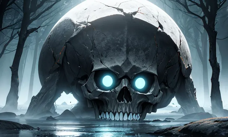 (((Cinematic theme))), Eire of Darkness, Dark scene, SCORE__25, (((Low Light))), no-people,
Lonelt skulll resting in the ground, Large skull on far left of the pictire, skill shapped cave structure, a close stream leading from back to front , water reflecting the full moon, bright Moon in th e sky , light cloud cover, Ominous fog seeping from trees
ADJUST: DARKER< more evil apature, (hight quality:1.2),(best quality:1.2),(supreme detail:1.2),(ultra detail:1.2),(accurate shading:1.2),(extreme details:1.2),(attention to detail:1.2),(cinamatic lighting:1.2),(intense detail:1.2),(Dynamic:1.2),(feild of depth:1.2),(accurate gravity effect:1.2),(detailed enviroment:1.2),(great attention to detail:1.2),(percise art:1.2),(((High definition:1.0)))(((Enhanced:1.3)))(((ultra quality:1.2)))(((Masterpiece:1.3)))(((vibrant)))(((Refine:1.0)))(((refine:1.2)))(((refine:1.3)))(((hyper detail:1.3)))(((improved depth:1.5)))(((Best quality:1.4))), ((Phase One XF IQ4 150MP:1.2)),photo realism, realistic, high quality real photo, (hyper texture++), perfectionist, ((10,000,000 mega-pixel++)),( shot on iphone 14+), ring-light effect, ((accurrate shadowing++)), accurate light physics, High Volume data, medium shot, Natural lighting, unreal engine 6,4 k, 8 k,highly detailed,sharp focus,(intricate+),digital painting,illustration,((octane render++)),smooth,dramatic lighting,volumetric lighting,unreal engine 5,high resolution,depth of field,octane,atmospheric,ray tracing,epic composition,((8k resolution++)),studio quality,iso 200,insanely detailed and intricate,((zeiss 75mm++)),((Masterpeice++)), accelerated graphics, Power FX, Superior clearity, Extreme detail,ultra quality,Masterpeice,8kHD,hyper rendering,, (((Iso 129%, Sharpen image, Increase clarity120%, Less Grain, smoother image, )))