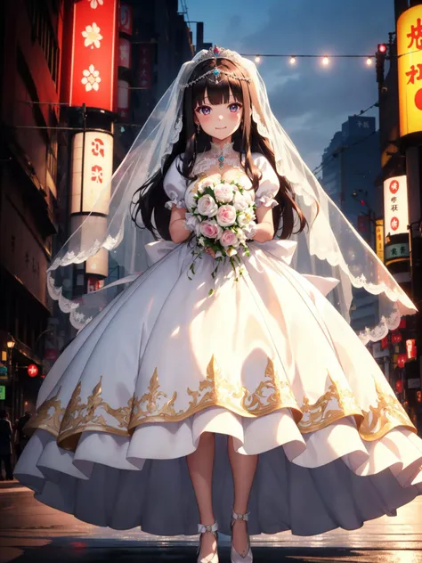 (8k, RAW photo, best quality, masterpiece, pixiv: 1.2),
(1milf, princess, awe, brainwashed, blush, dark smile, standing: 1.2),
breast, thigh, heart-shaped pupils,
(shiny hair, hair between eyes, blunt bangs: 1.2),
(princess wedding dress, long skirt, puff sleeve, white long gloves, big ribbon, tiala, white thigh high thights, pumps, jewely: 1.2), ((metalic satin)),
midtown, night, shibuya, shinjuku, tokyo, japan, <lora:Yuri_Tanima-10:0.0.2> <lora:Momoko_Hanasaki_WeddingPeach-KK77-V3:0.2>, <lora:0263 Florence Dream_v1:0.5> ruanyi0263,bridal veil,wedding dress,lace,