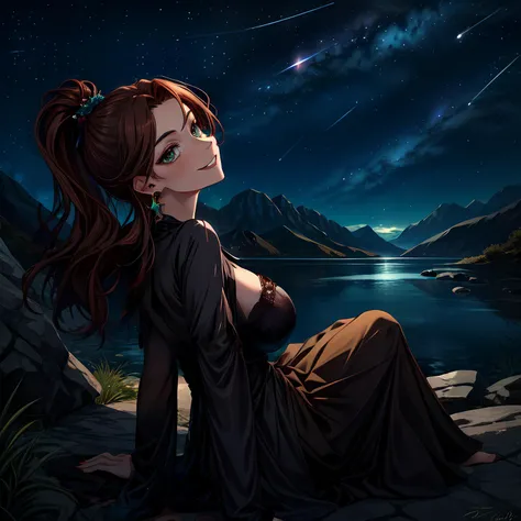 1girl, (huge breasts:1.25), solo, sitting on rock, (looking up:1.3), (facing away from viewer:1.3), side angle shot, (from below:0.9), half body shot, 
, best quality, masterpiece, ultra detailed, vibrant colors
, (outdoors, outside, night sky, nighttime, stars, dark:1.3), intricately detailed plains background, rolling hills, distant mountains, [lake], [stream], (legs:0.02)
BREAK irish woman named erynfnch, (tall), (busty), long auburn hair, ponytail, emerald green eyes, mature, bare forehead, narrow face, long black dress, long sleeves, happy smile, long emerald earrings, cleavage, (bare neck:1.5), (arms back), (arms down), (relaxed)
 <lora:add_detail:0.5> <lora:Background_Detail_v3:0.8> <lora:zoom_slider_v1:2.0> <lora:LowRA:0.7> <lora:MySecretStyleLora:0.6>  <lora:Hyper-SD15-12steps-CFG-lora:1> <lora:epiNoiseoffset_v2:1.2>