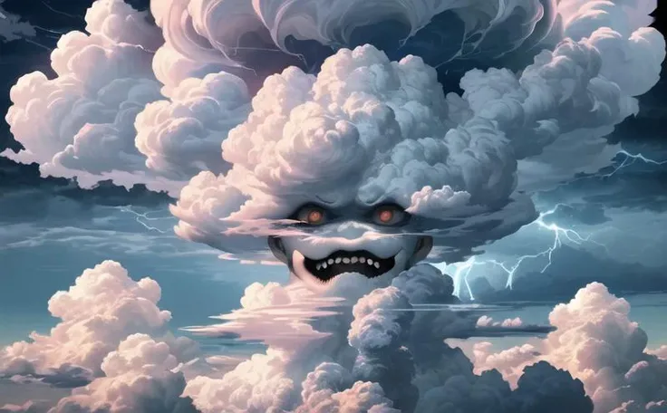 The Sky, Cumulous clouds, a Monsterous face made of clouds,demonic cloud a monsterous face made of clouds breating lightning, Extreme detail,ultra quality,Masterpeice,8kHD,hyper rendering,