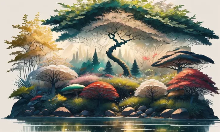 A fANTASY FOREST FILLED WITH MAGICAL WHIMSY, exotic flowers of blues an d greens blem , some plants lurk in th e dark misty deoths just bearly seen in th e shadoes between th e deep forest, ribbons of fuzzy lime ivy crept on th e trunks of trees as little glowing mushrooms cropped in the short grasses. the trees etched with creepy fairy like faces onth e trunks as th e sun made th e leaves glow, th e leaves flourished in vibrant red with black trim, luminous rays of light peeking down from th e canopy as a river of luminous blue water flowed throught th e stone lined river ((Vibrant collors of red, black blue and greens+++)) <lora:ink-0.1-3-b28-bf16-D128-A1-1-ep64-768-DAdaptation-cosine:1>, (hight quality:1.2),(best quality:1.2),(supreme detail:1.2),(ultra detail:1.2),(accurate shading:1.2),(extreme details:1.2),(attention to detail:1.2),(cinamatic lighting:1.2),(intense detail:1.2),(Dynamic:1.2),(feild of depth:1.2),(accurate gravity effect:1.2),(detailed enviroment:1.2),(great attention to detail:1.2),(percise art:1.2),(((High definition:1.0)))(((Enhanced:1.3)))(((ultra quality:1.2)))(((Masterpiece:1.3)))(((vibrant)))(((Refine:1.0)))(((refine:1.2)))(((refine:1.3)))(((hyper detail:1.3)))(((improved depth:1.5)))(((Best quality:1.4)))