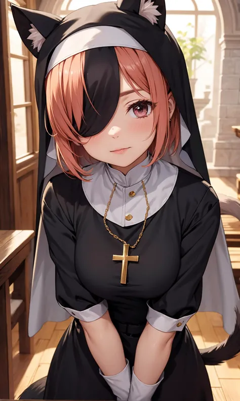 arkShirayuki,hair over one eye, animal ears, black mask, tail, blush,nun outfit,
<lora:detail_slider_v4:0.8>
