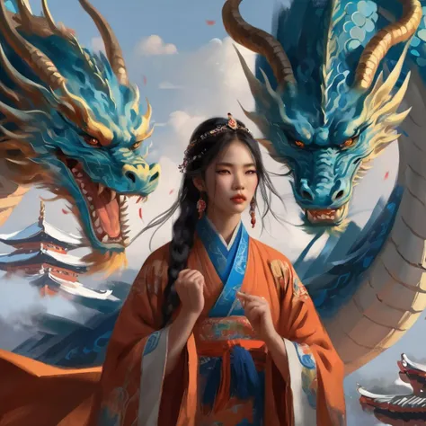 a painting in the style of guidao style,Behind it is a super giant dragon in blue, exuding sacred majesty. In front of it is a Hanfu girl with both hands clenched in fists, surreal and lifelike, 8k, with a cinematic texture
